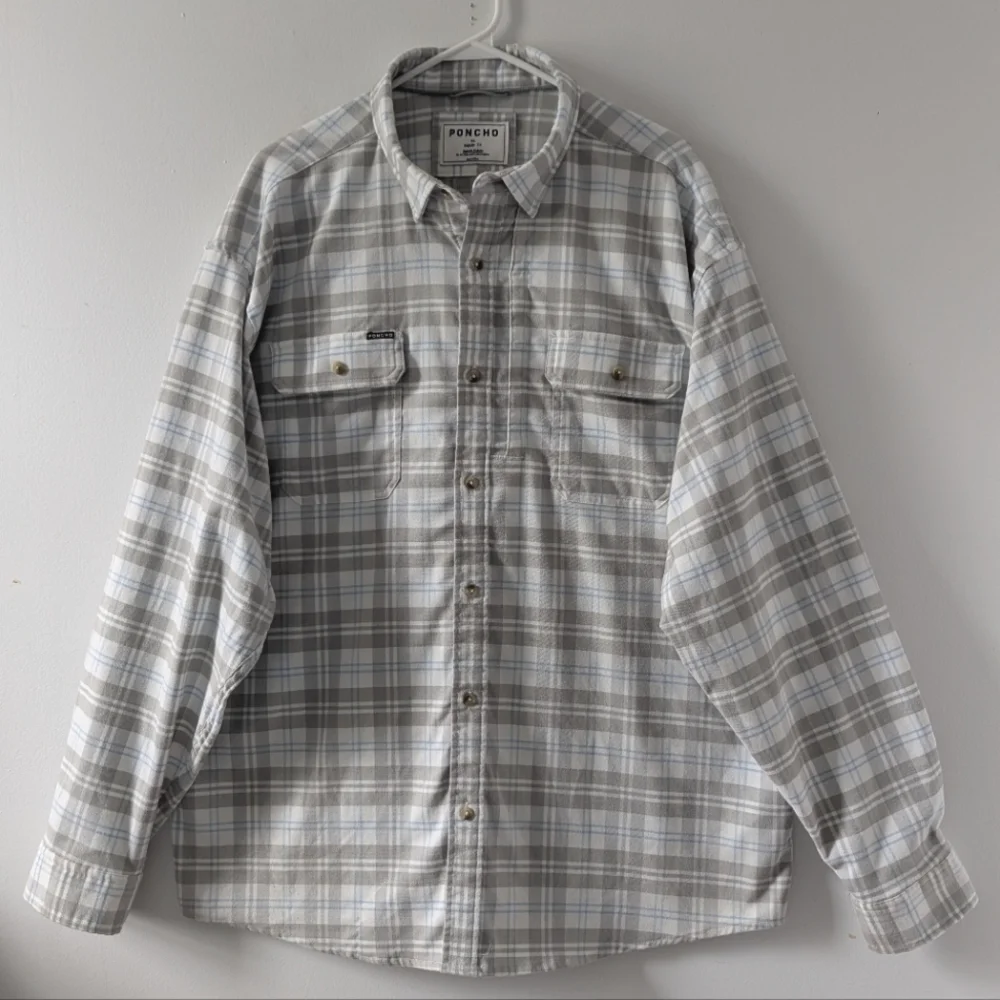 Poncho Men's Regular Fit Magnetic Pockets Flannel Shirt Size XL White/Gray/Blue - Picture 6 of 12